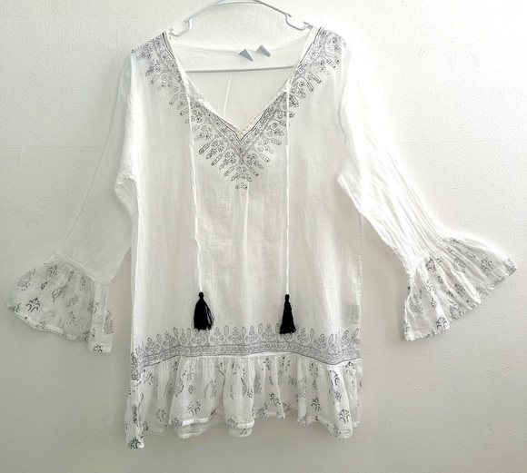 Bohemian Kaftan swim cover up White Blue S/M bell sleeves NEW - Picture 1 of 10